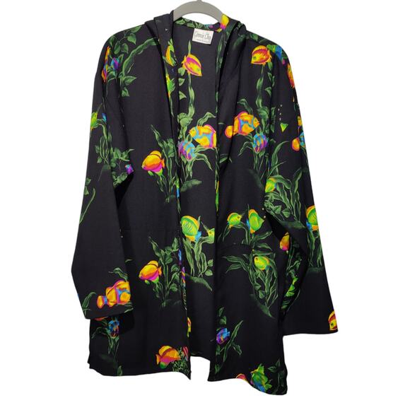 Vintage 80s Connie Choi Neon Fish Print Black Long Line Open Front Hooded Shirt - Picture 2 of 8
